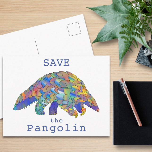 Colourful Save the Pangolin Endangered Animal Art  Postcard (Save the pangolin slogan and cute colorful wild animal art postcard)