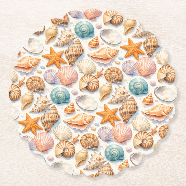 Colourful Seashells. Nautical. Paper Coaster (Front)