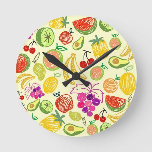 Colourful Sketchy Fruit Abstract Pattern Round Clock