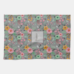 Colourful Spring Flowers Pattern Name Monogram Kitchen Towel