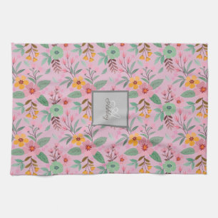 Colourful Spring Flowers Pattern Name Monogram Kitchen Towel