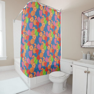 Colourful Summer Fruits Pattern on Deep Blue Shower Curtain