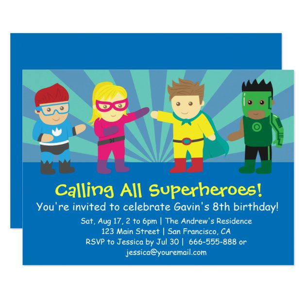 Colourful Superhero Birthday Party For Kids Invitation