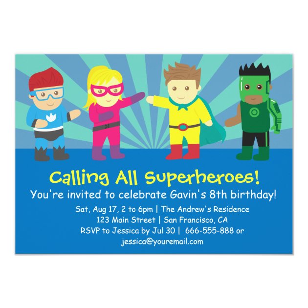 Colourful Superhero Birthday Party For Kids Invitation