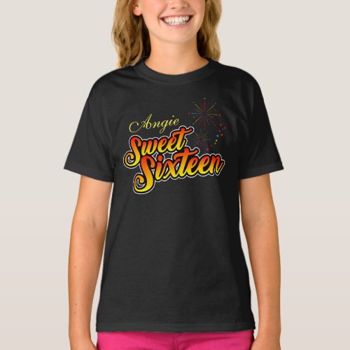 Colourful Sweet Sixteen with Name in Yellow text T_Shirt