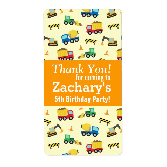 Colourful Thank You, Construction Vehicles Pattern Label (Front)