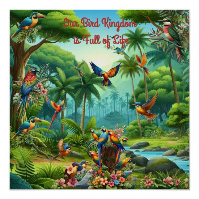 Colourful tropical birds among vibrant, lush plans poster (Front)