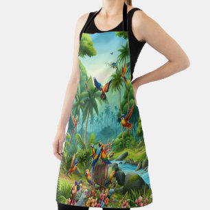 Colourful Tropical Birds among Vibrant, Lush Plant Apron