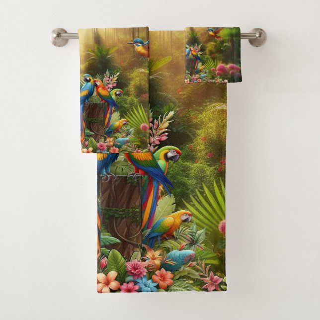 Colourful Tropical Birds among Vibrant, Lush Plant Bath Towel Set (Insitu)