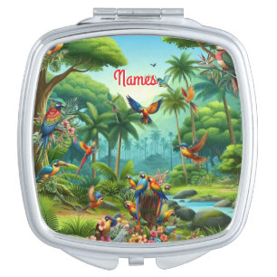 Colourful Tropical Birds among Vibrant, Lush Plant Compact Mirror