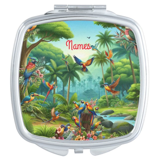 Colourful Tropical Birds among Vibrant, Lush Plant Compact Mirror (Front)