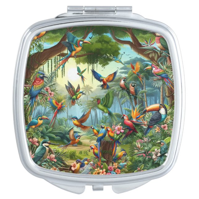 Colourful Tropical Birds among Vibrant, Lush Plant Compact Mirror (Front)