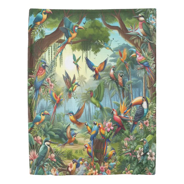 Colourful Tropical Birds among Vibrant, Lush Plant Duvet Cover (Front)