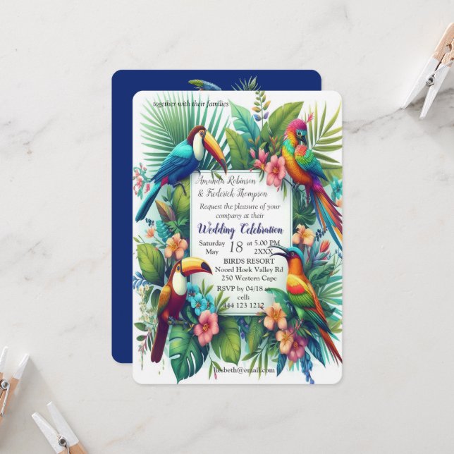 Colourful Tropical Birds among Vibrant, Lush Plant Invitation (Front/Back In Situ)