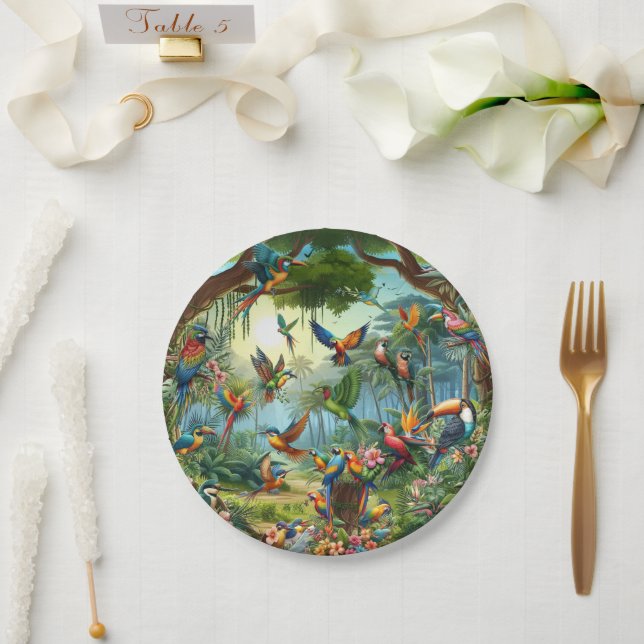Colourful tropical birds among vibrant, lush plant paper plates (Wedding)