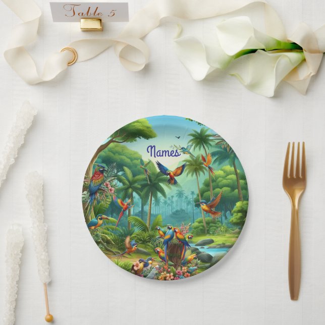 Colourful tropical birds among vibrant, lush plant paper plates (Wedding)