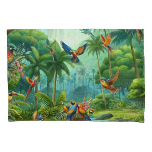 Colourful Tropical Birds among Vibrant, Lush Plant Pillow Case