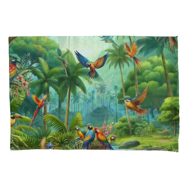 Colourful Tropical Birds among Vibrant, Lush Plant Pillow Case (Front)