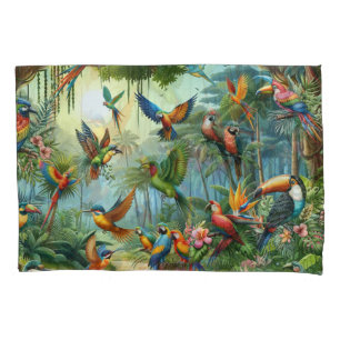 Colourful Tropical Birds among Vibrant, Lush Plant Pillow Case
