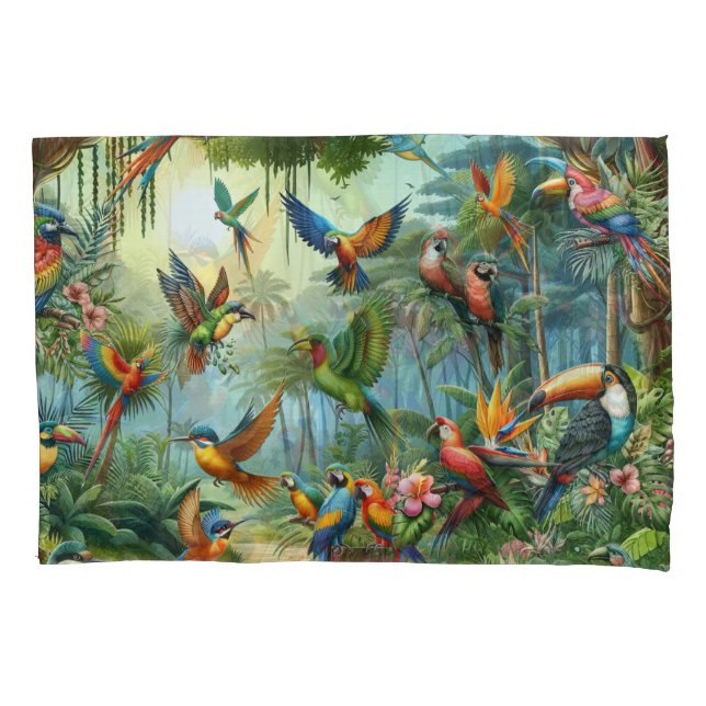 Colourful Tropical Birds among Vibrant, Lush Plant Pillow Case (Front)