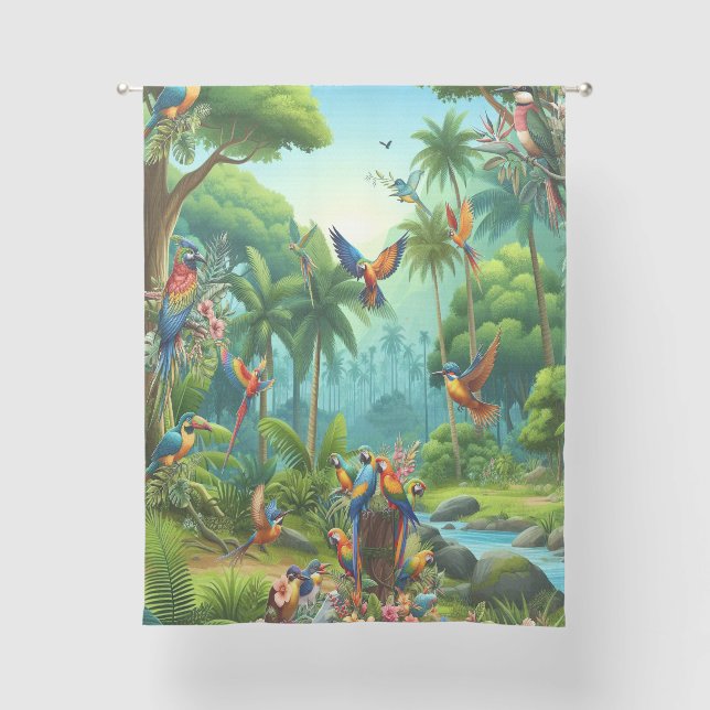 Colourful Tropical Birds among Vibrant, Lush Plant Sheer Curtains (Front)