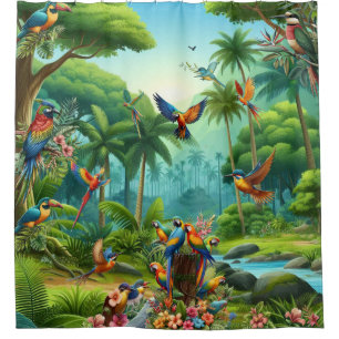 Colourful Tropical Birds among Vibrant, Lush Plant Shower Curtain