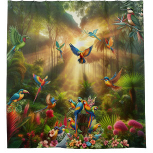Colourful Tropical Birds among Vibrant, Lush Plant Shower Curtain
