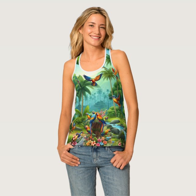 Colourful Tropical Birds among Vibrant, Lush Plant Tank Top (Front Full)