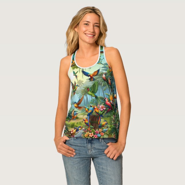 Colourful Tropical Birds among Vibrant, Lush Plant Tank Top (Front Full)