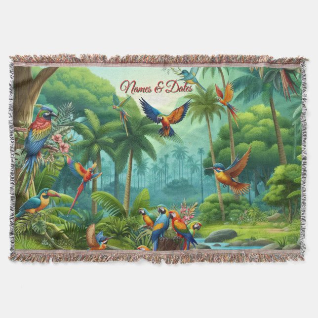 Colourful Tropical Birds among Vibrant, Lush Plant Throw Blanket (Front)