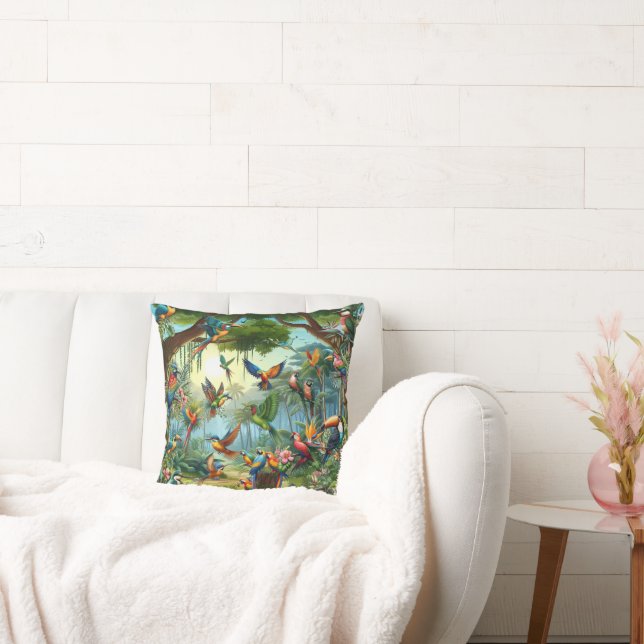 Colourful Tropical Birds among Vibrant, Lush Plant Throw Pillow (Couch)