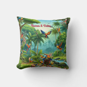 Colourful Tropical Birds among Vibrant, Lush Plant Throw Pillow