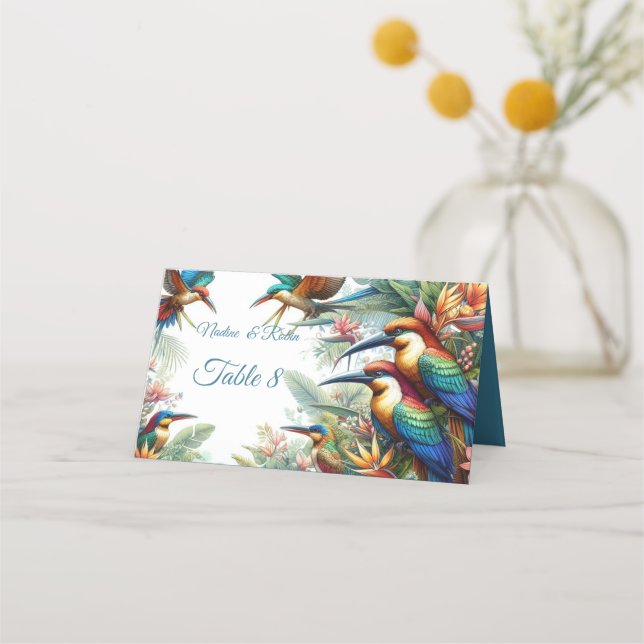 Colourful Tropical Birds & Vibrant Lush Plants Place Card (Front)