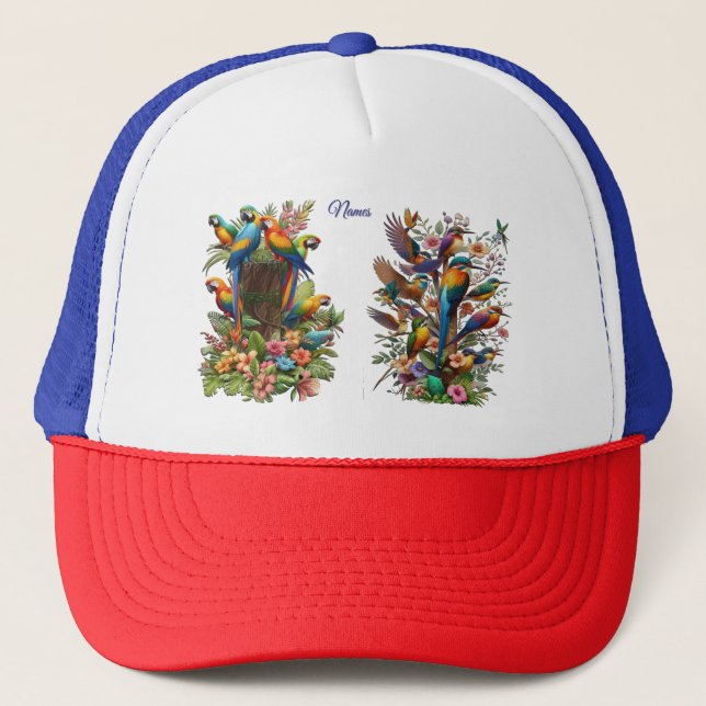 Colourful Tropical Birds & Vibrant Lush Plants Trucker Hat (Front)