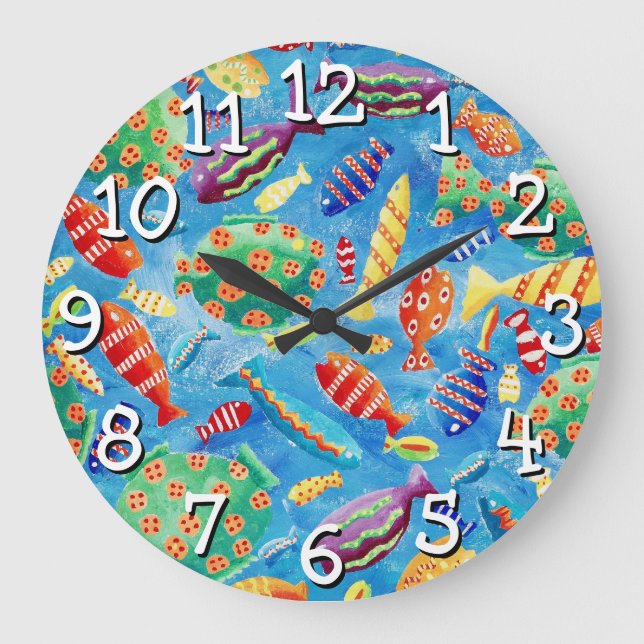 Colourful Tropical Fish Watercolour Painting Large Clock (Front)