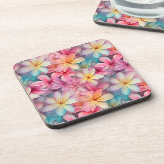 Colourful Tropical Plumeria Frangipani Patterned Beverage Coaster (Left Side)