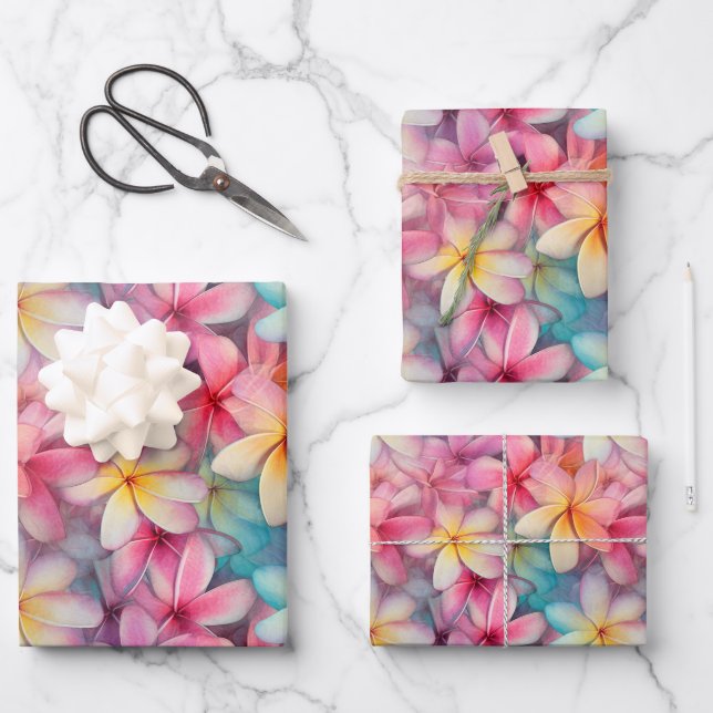 Colourful Tropical Plumeria Frangipani Wrapping Paper Sheets (Front)