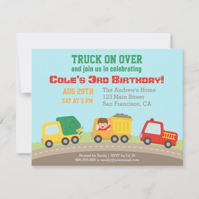 Colourful Truck Boys Birthday Party Invitations (Front)