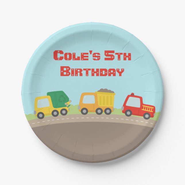 Colourful Truck Boys Birthday Party Supplies Paper Plates (Front)