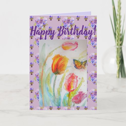 Colourful Tulip and Butterfly Watercolor Card