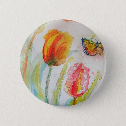 Colourful Tulip and Butterfly Watercolor floral Button