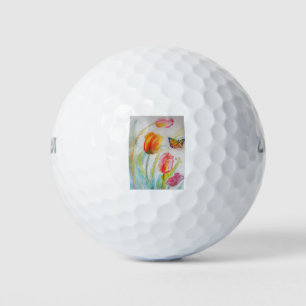 Colourful Tulip and Butterfly Watercolor floral Golf Balls
