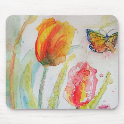 Colourful Tulip and Butterfly Watercolor floral Mouse Pad