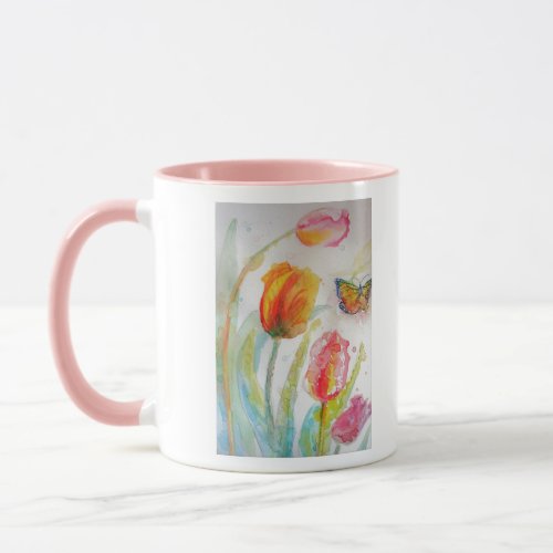 Colourful Tulip and Butterfly Watercolor floral Mug