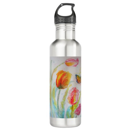 Colourful Tulip and Butterfly Watercolor floral Stainless Steel Water Bottle