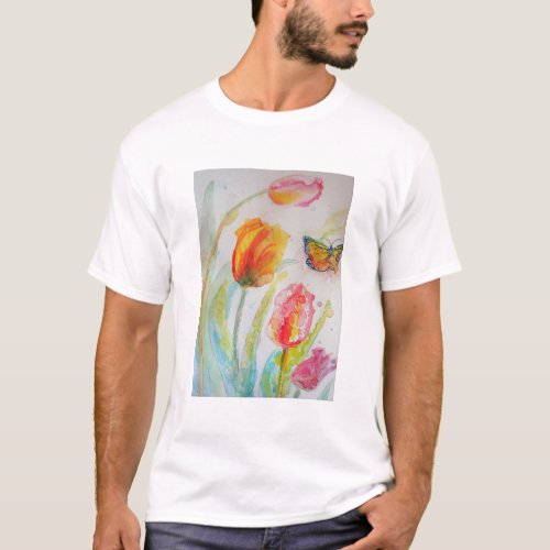 Colourful Tulip and Butterfly Watercolor floral T_Shirt