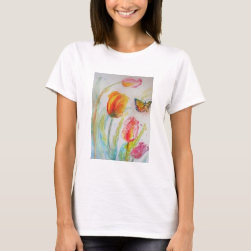 Colourful Tulip and Butterfly Watercolor floral T_Shirt