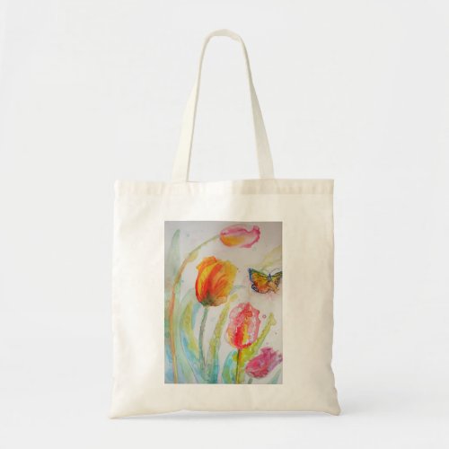 Colourful Tulip and Butterfly Watercolor floral Tote Bag