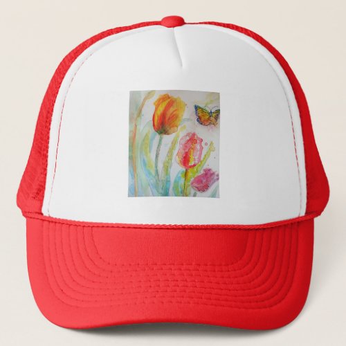 Colourful Tulip and Butterfly Watercolor floral Trucker Hat