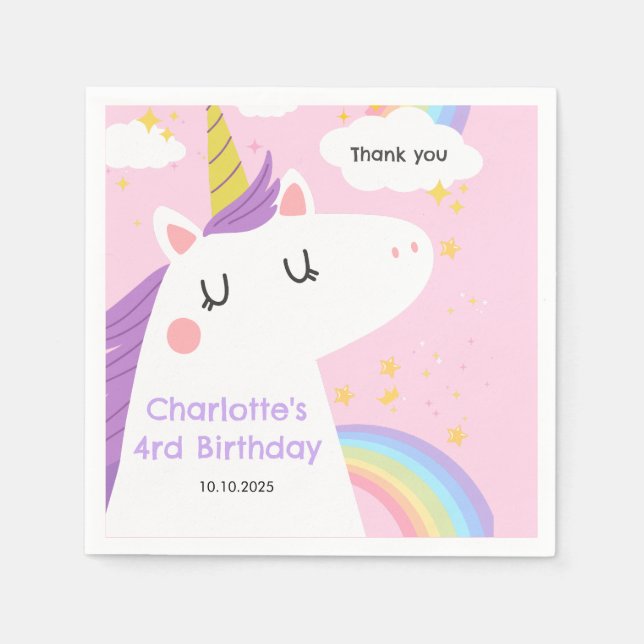 Colourful Unicorn and Rainbows Birthday Party  Napkins (Front)